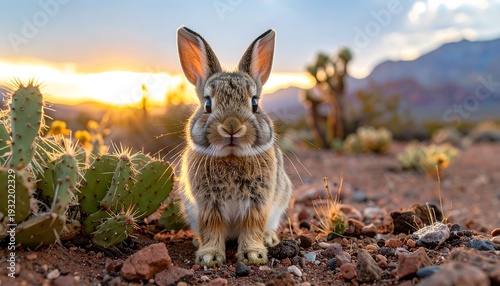 Portrait of a bunny rabbit with upright ears in a desert landscape during sunrise
