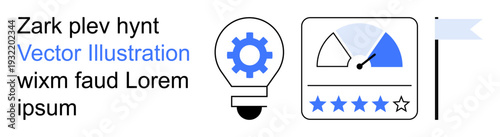 Business innovation, performance evaluation, user ratings, product development, goal-setting, and analytics. Lightbulb with gear, performance meter with rating stars and flag. Innovation