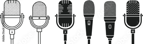 Set of vintage microphone icons in flat black and white styles for podcasting broadcasting radio music recording and audio equipment