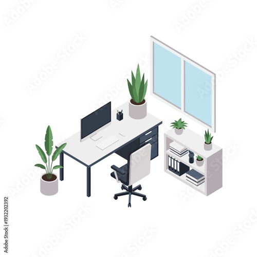 Modern office workspace with desk computer and plants.
