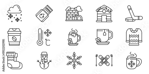Set of winter-themed icons for a cozy and festive holiday season, perfect for cards, decorations, and gifts