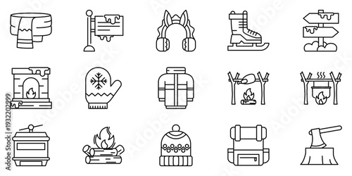 Versatile collection of linear winter and outdoor activity icons, featuring cold weather essentials, camping gear, and seasonal recreation symbols for graphic design projects