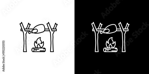 Minimalist black and white line art icon depicting a whole chicken rotating on a spit above a crackling campfire, symbolizing outdoor cooking and grilling