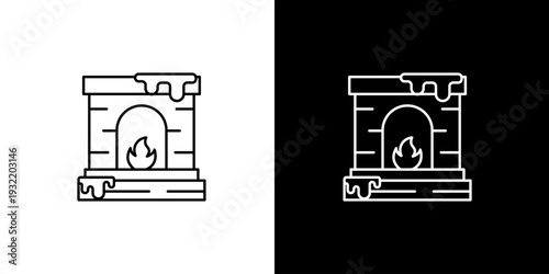 Vector line art icon illustration depicting a classic brick fireplace with a roaring fire and snowy decor, creating a cozy winter atmosphere for holiday designs and festive warmth