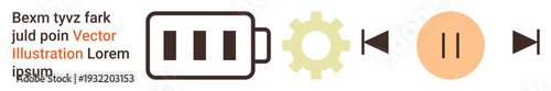 Automation, workflow, energy saving, process management, system functionality, digital tools. Battery, gear and play-pause symbols sequentially aligned. Workflow and process management concept