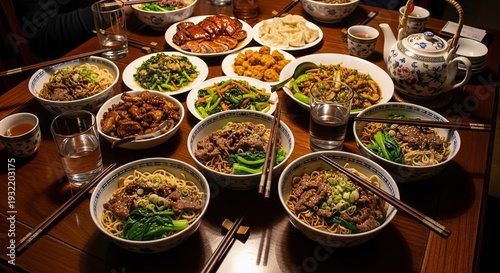 A lavish spread of various Chinese dishes and bowls of noodles on a wooden table, ready for a family meal.