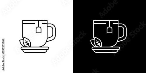 A simple, elegant line art  icon illustration of a teacup with a tea bag and fresh leaves on a saucer, presented in both black and white