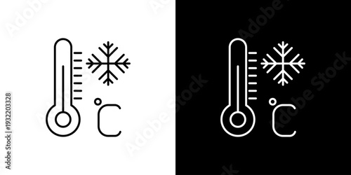 Minimalist line icons showing cold temperature, freezing point, and climate control with a thermometer, snowflake, and Celsius symbol for digital design