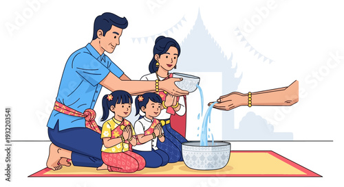 Family Pouring Water Together in Ceremony.