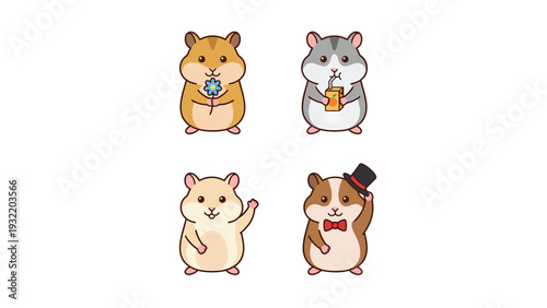 Cute Cartoon Hamster Character Set with Flower, Drink, Waving, and Gentleman Outfit