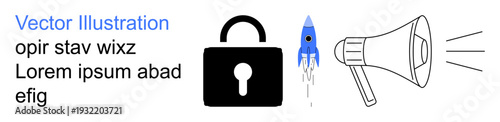 Data protection, startup, marketing strategy, secure communication, innovation, advertising. A black lock, a blue rocket and a megaphone. Data protection and startup messaging concepts