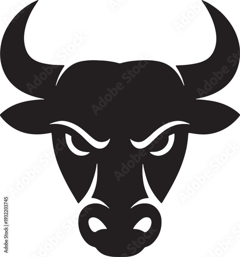 Black bull head with sharp horns and intense eyes on a white background animal