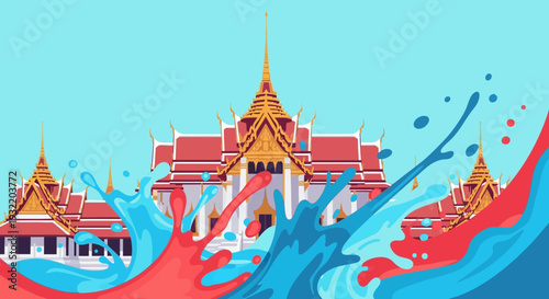 Temple Buildings with Red Roofs and Ornate Details.