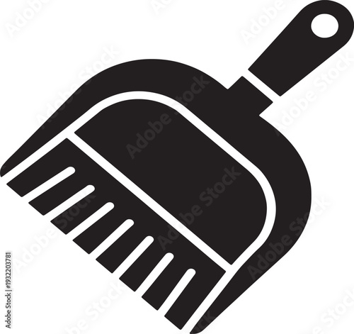 Black dustpan and brush on white background for cleaning services symbol tool
