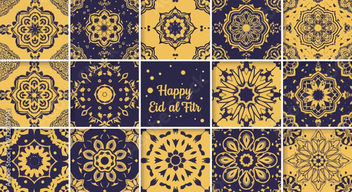 Decorative floral geometric pattern design in yellow and navy blue tiles
