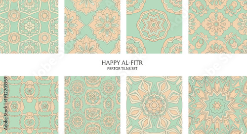 Decorative tile patterns in a repeating layout mint green and beige design