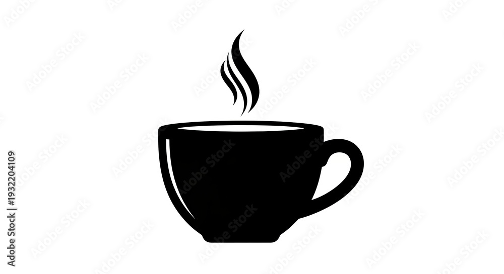 Fototapeta premium Steaming hot coffee cup icon, simple black silhouette on white background, perfect for cafe menus and beverage designs.