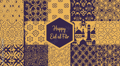 Eid al fitr greeting card with decorative patterns and silhouettes