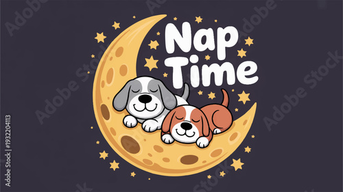 Cute cartoon dogs sleeping on moon with stars nap time concept peaceful night scene with adorable puppies
