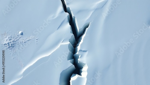 uriel. Aerial view of a deep lightning-shaped crack splitting a smooth glacier surface. travel magazines, destination branding, designed for travel destination branding, used by lab technicians.