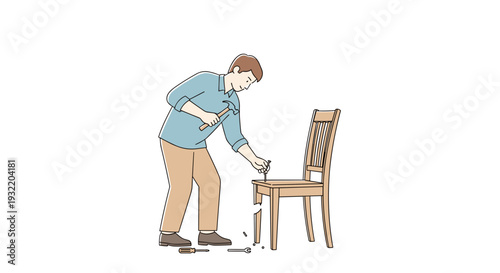 Man Assembling Wooden Chair with Screwdriver.