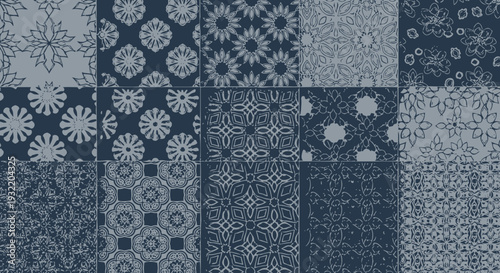 Geometric pattern collection seamless designs in blue and white