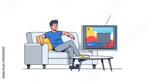 Man Relaxing on Sofa Watching Television.