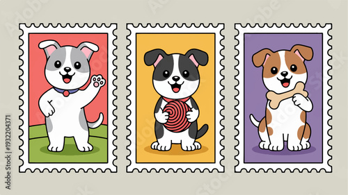 Three cute cartoon puppies standing on hind legs in colorful backgrounds with playful expressions