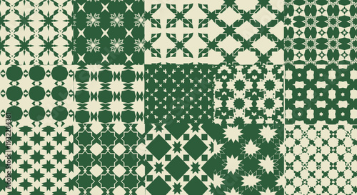 Geometric pattern collection with green and white designs for versatile use