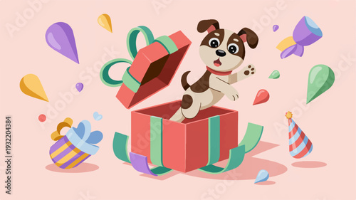 Surprised brown and white puppy emerges from red gift box with green ribbon surrounded by colorful confetti and party poppers on pink background