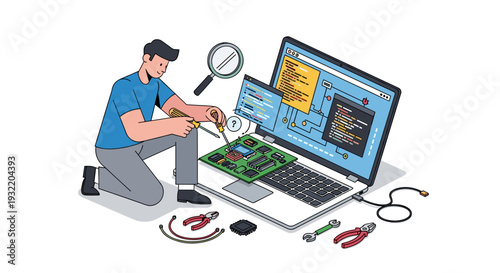 Man Repairing Laptop Circuit Board Components.