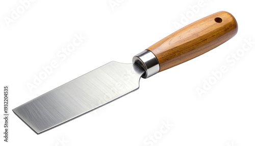 A stainless steel putty knife with a wooden handle and metal ferrule is displayed against a transparent background j (130).png