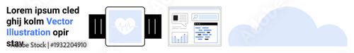 Health technology, data analysis, cloud storage, wearable devices, fitness monitoring, technology trends. A smartwatch with heart icon, data dashboard and cloud. Health technology and data analysis