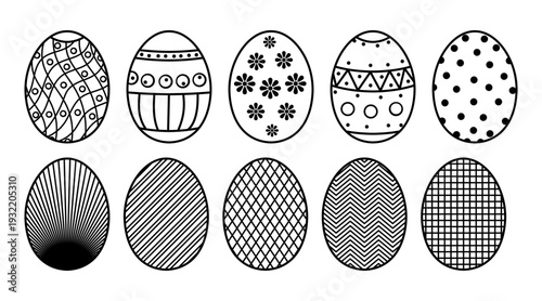 10 easter eggs black thin stroke line geometric pattern collection
