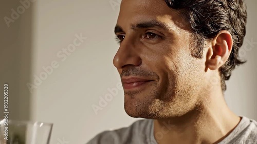 Close-up on a man’s face drinking clear water from a transparent glass, soft daylight