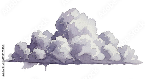 Watercolor purple cloud formation isolated on transparent background, soft dreamy sky element for wedding designs and fantasy landscapes
