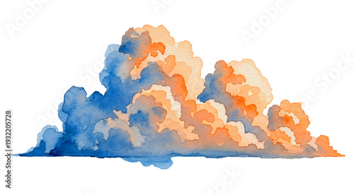 Watercolor cloud formation in blue and orange hues isolated on transparent background, abstract sky element for design and decoration