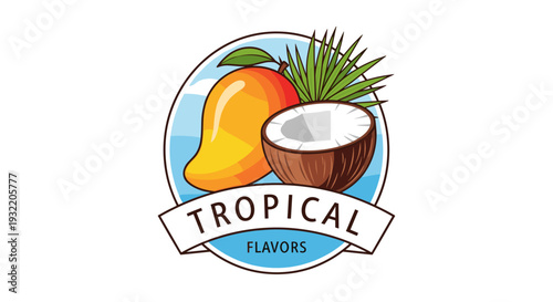 Tropical Flavors Logo with Fruits and Coconut.