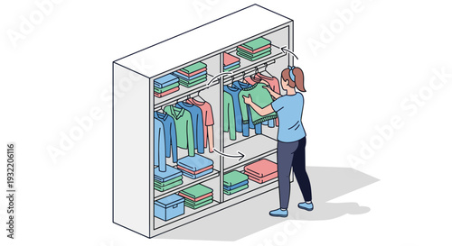 Woman Organizing Clothes in Wardrobe Closet.