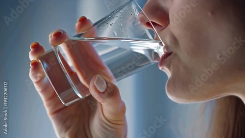 Close-up on hands holding a glass of water with condensation droplets while lifting it slowly toward the lips