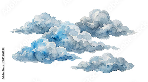 Watercolor blue clouds isolated on transparent background, dreamy sky elements for wedding invitations and graphic design