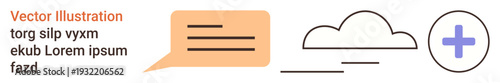 Digital communication, cloud technology, data sharing, healthcare systems, connection networks, and minimal design. Speech bubble, cloud and medical cross symbols. Communication and cloud technology