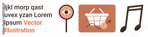 E-commerce, online shopping, visual search, music, cybersecurity, digital media. Shopping basket with an arrow and coin, magnifier with an eye music note. E-commerce and visual search