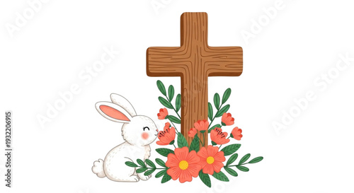 Joyful Watercolor Easter Cross with Cute White Bunny and Spring Flowers for Christian Holiday Celebration