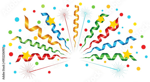 Colorful Confetti Streamers And Stars Bursting Festive Party Celebration Event Promotion Design