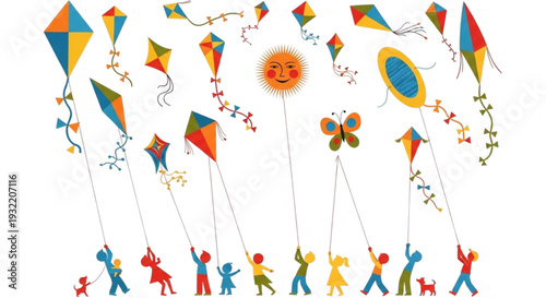 Happy Children Flying Bright Colorful Kites Diverse Kids Playing Outdoors Joyful Summer Spring Fun Childhood Dreams