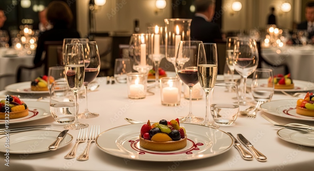 Fototapeta premium Elegant Dining Table Set with Desserts and Wine Glasses in a Restaurant.