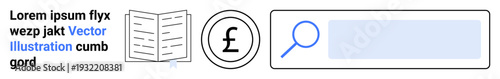 Finance, education, research, information search, digital solutions, online tools. Pound currency symbol, open book search bar with magnifying glass. Finance and education visualization