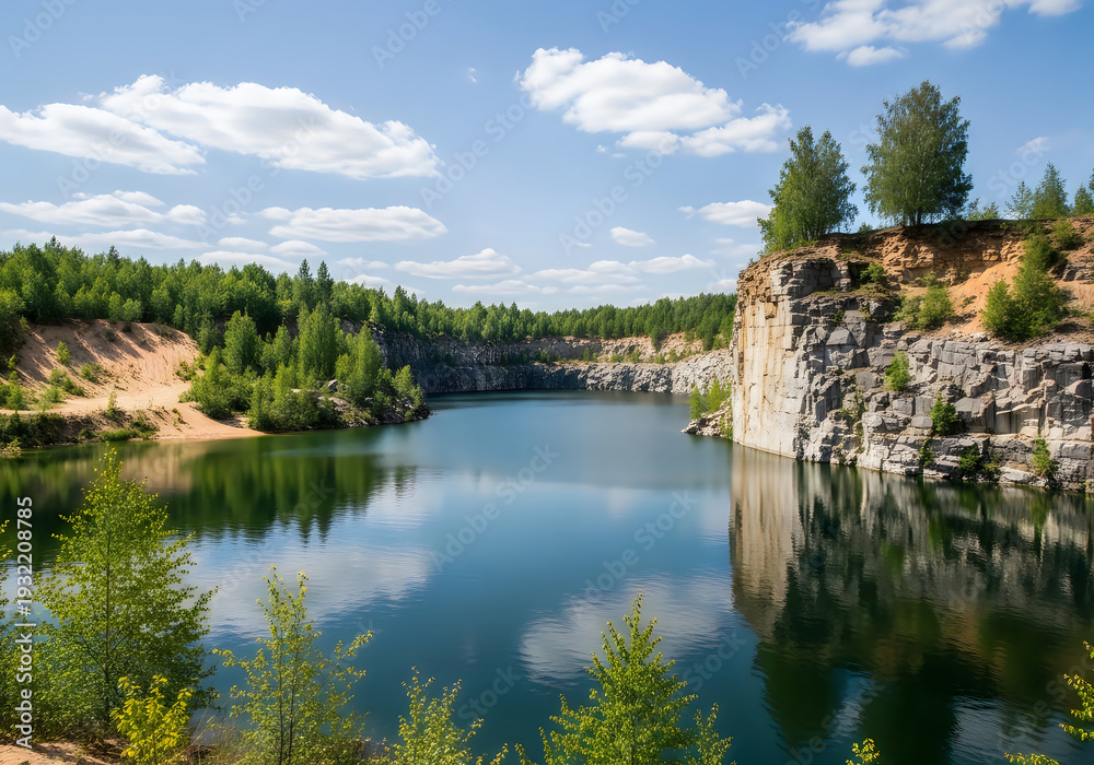 Obraz premium Serene quarry lake nestled between rocky cliffs and forested hills