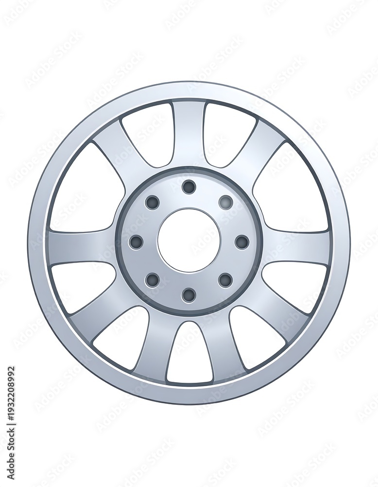 Fototapeta premium Silver car wheel rendering. Circular, with rounded spokes radiating from central bolted hub against a white background